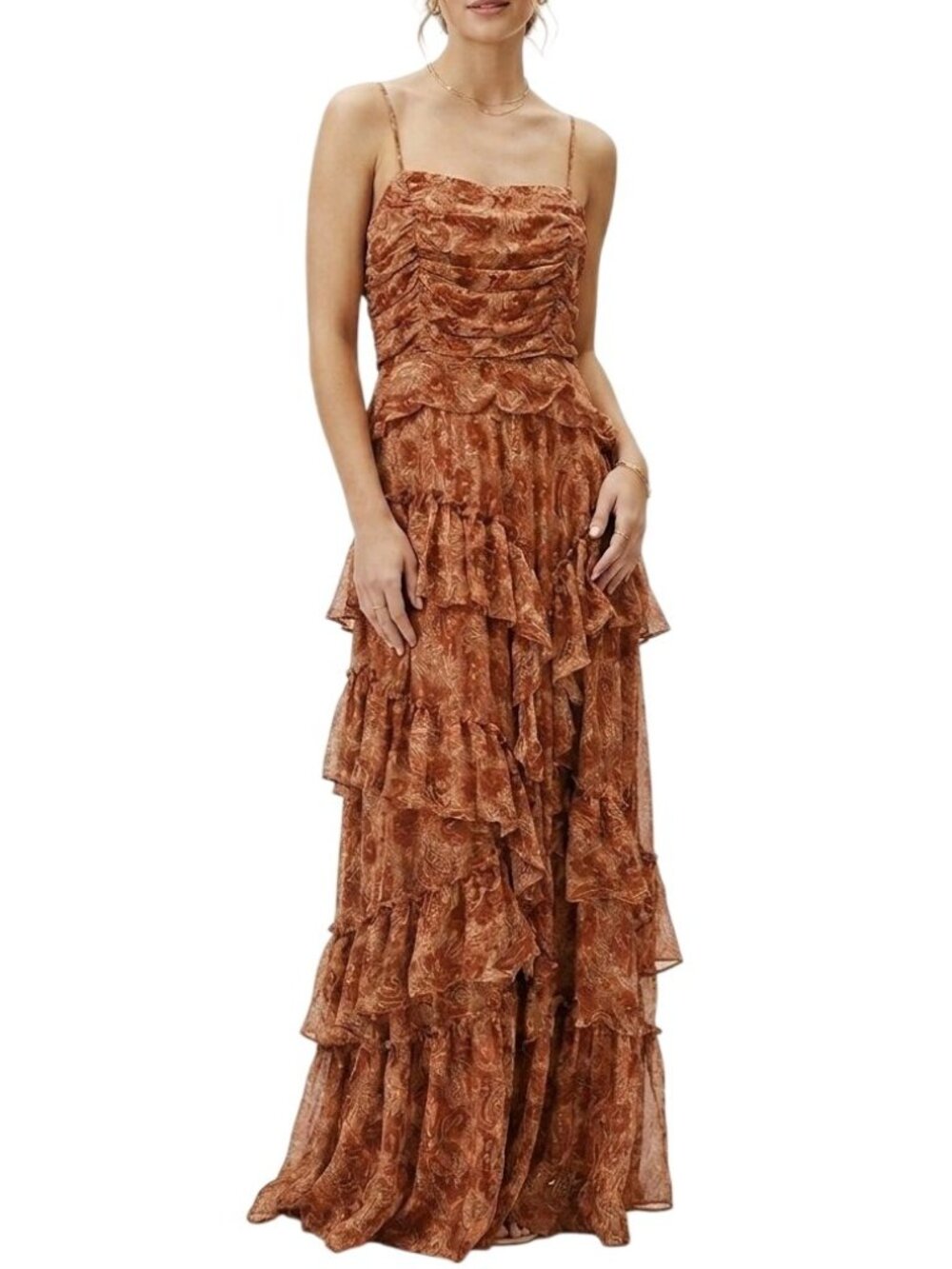 Anthropologie BHLDN Jessa Ruffled Drop Waist Gown Long Tiered Maxi Dress